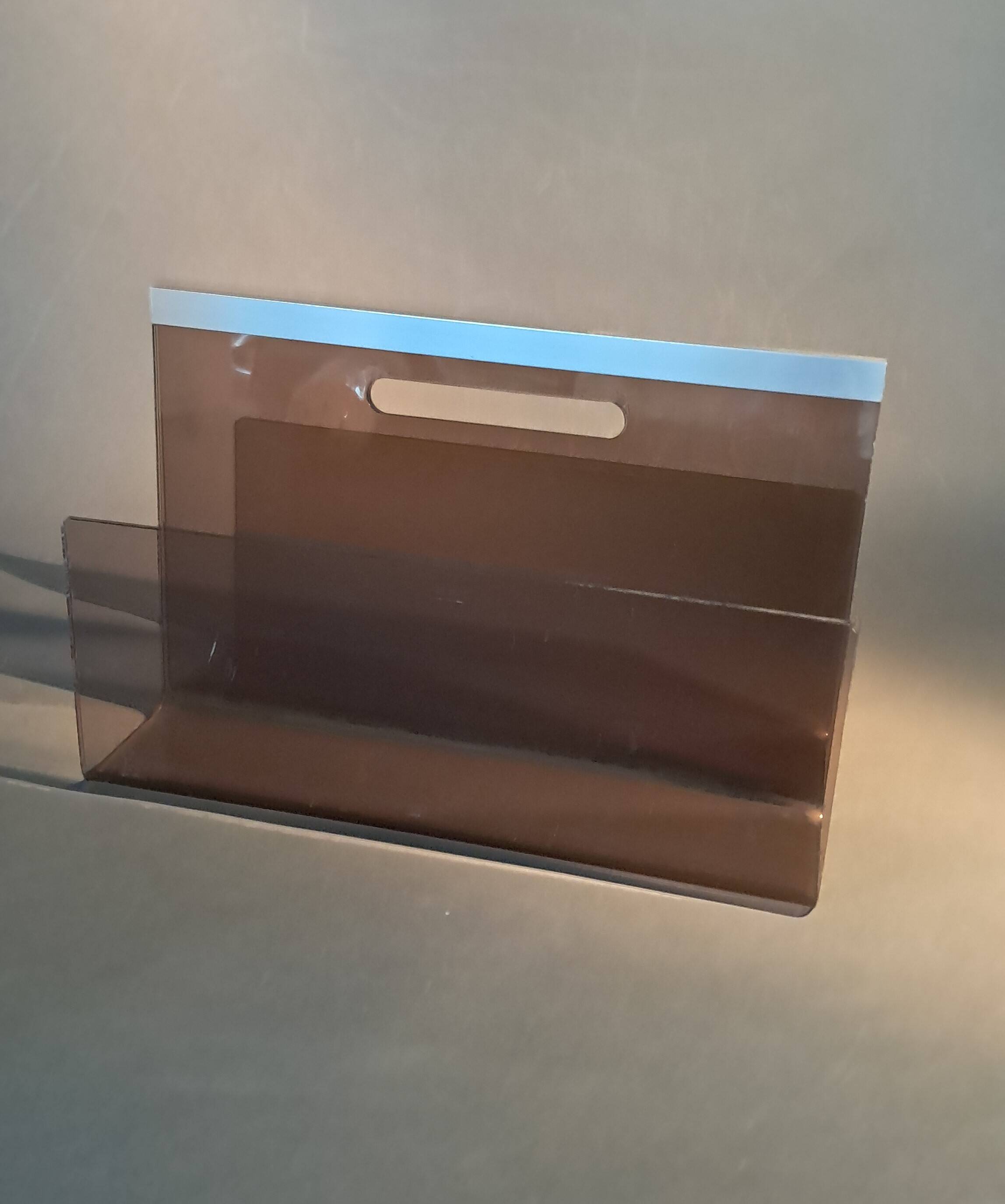 Smoked plexiglass magazine rack, Michel Dumas 1970.
