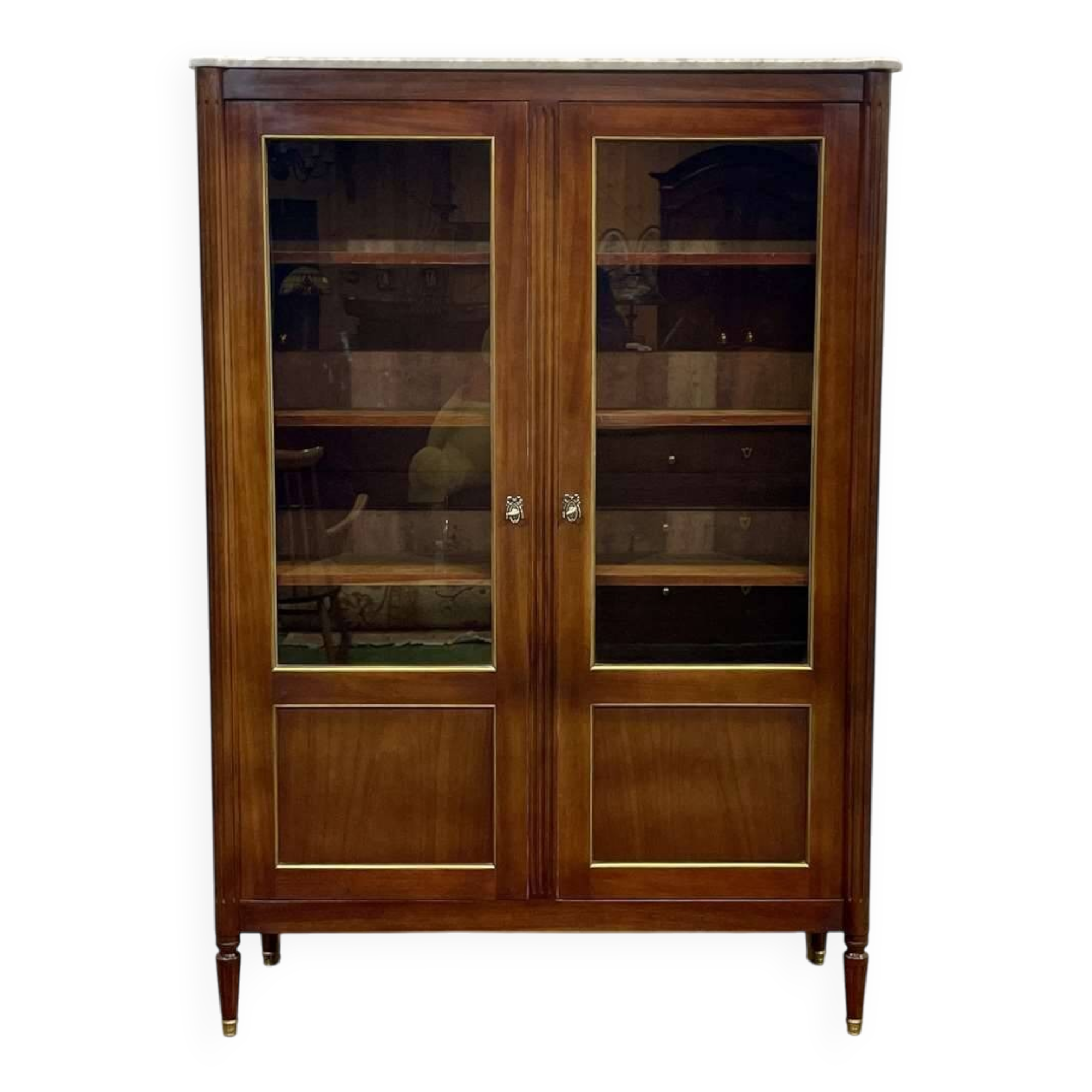 Louis XVI style bookcase in mahogany and marble top from the 70s