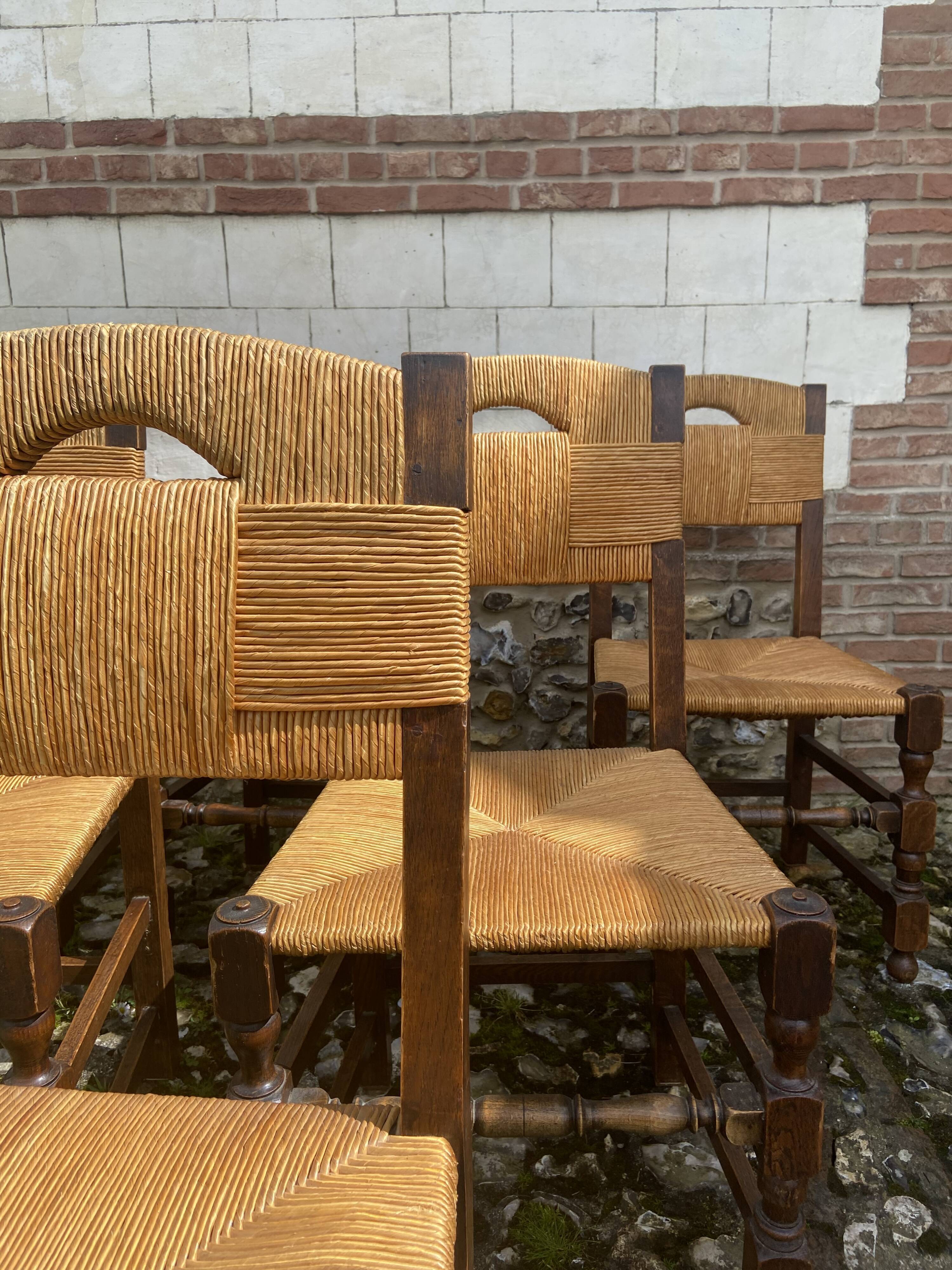 Six brutalist chairs straws and wood 60s