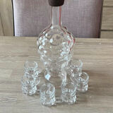 Glass bottle in relief cluster shape + 6 small glasses new