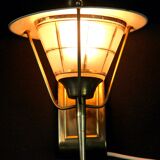 Mid-Century Brass, Black Metal and Opaline Gilt Glass Lantern and sconces, Maison Lunel, France