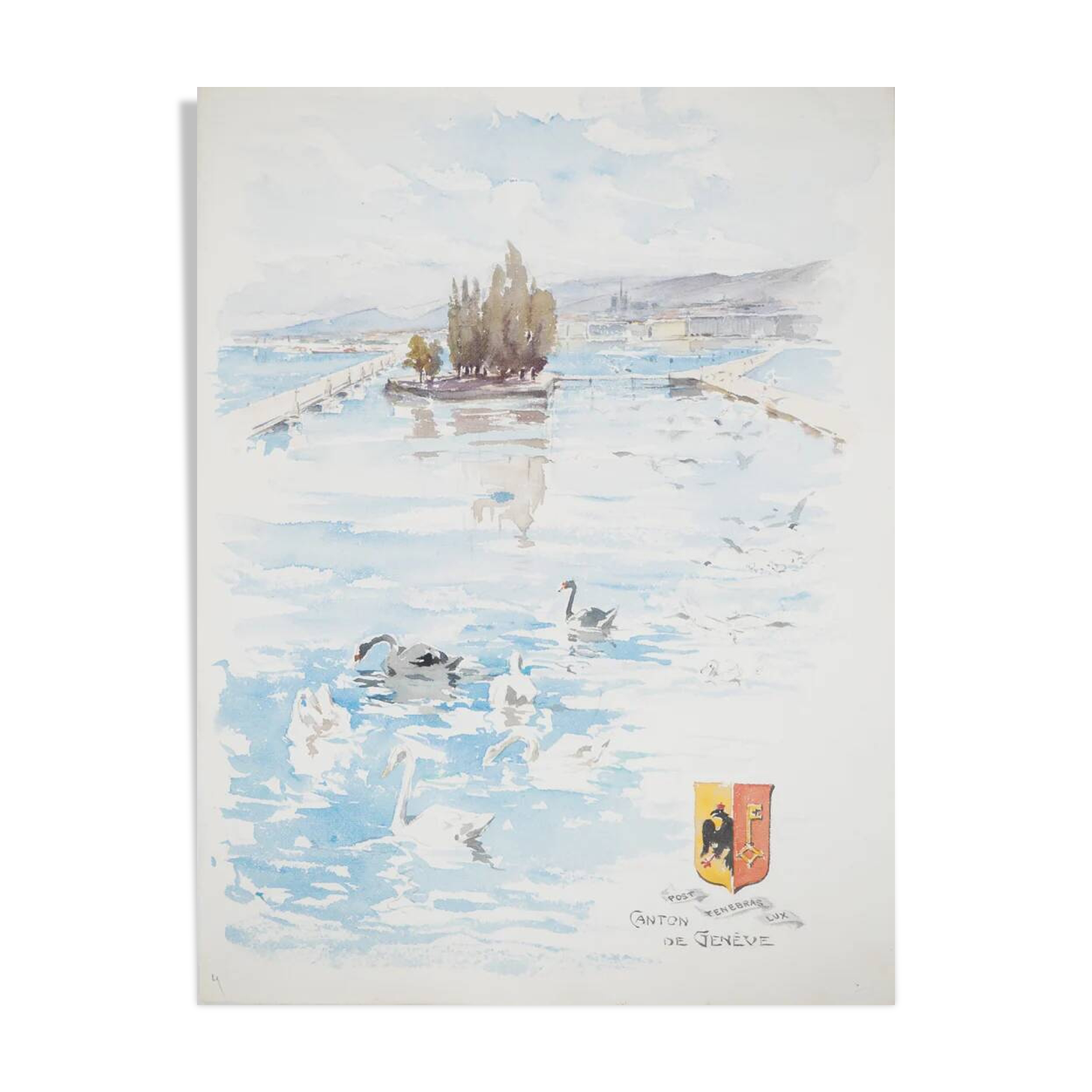 René LEVERD: Switzerland, Swans of Geneva, Original watercolor