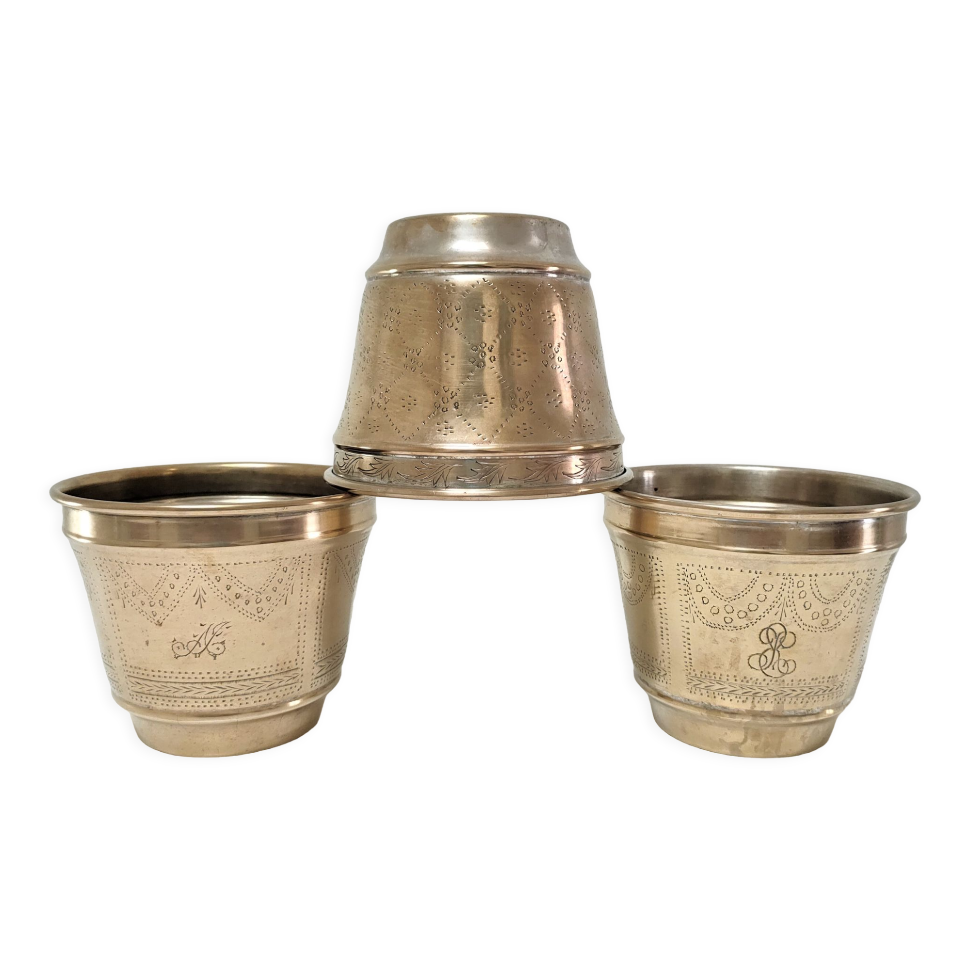 Three pot covers brass silver cover golden patina monogram early twentieth century