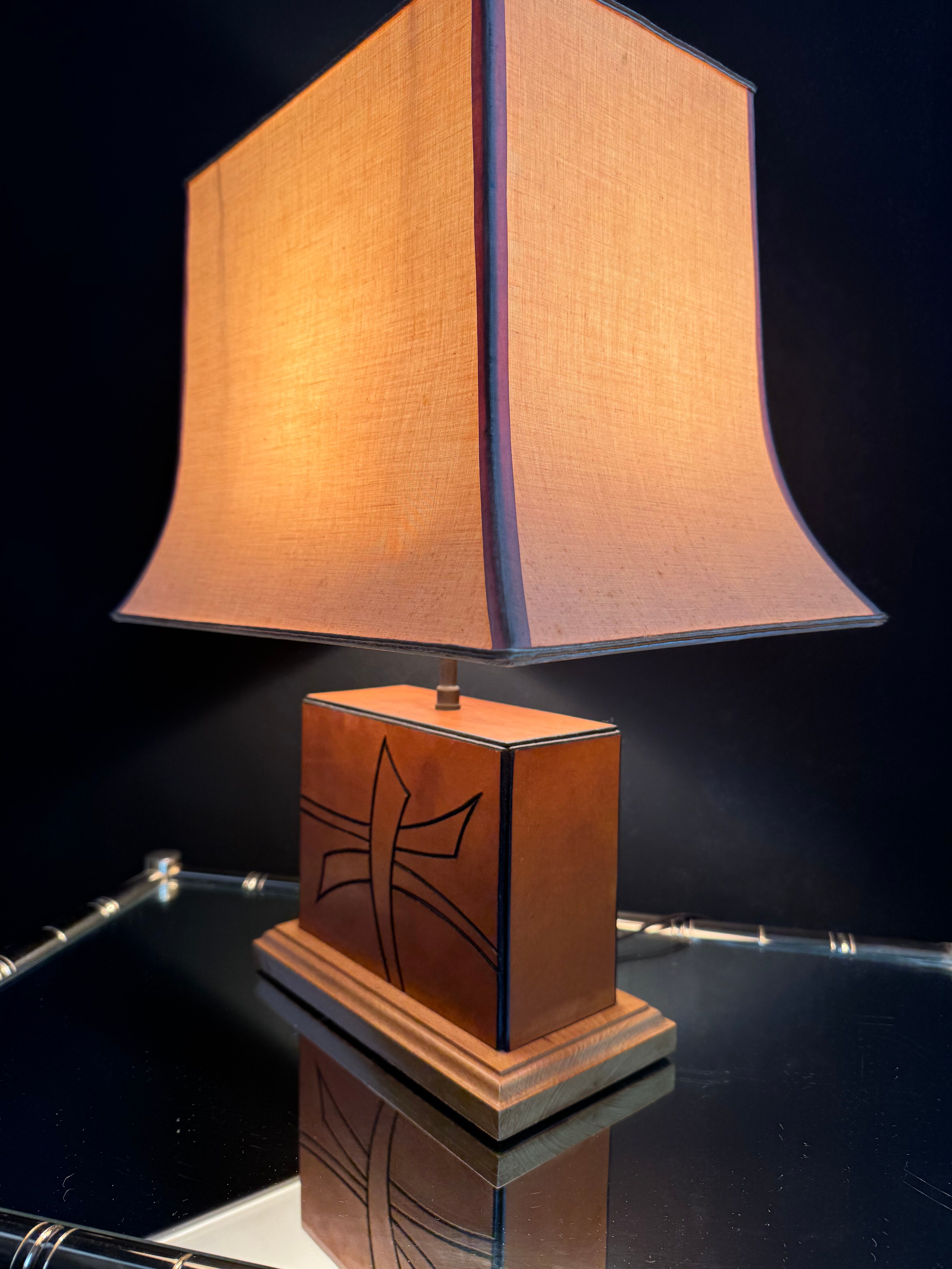 70s leather and wood pagoda lamps