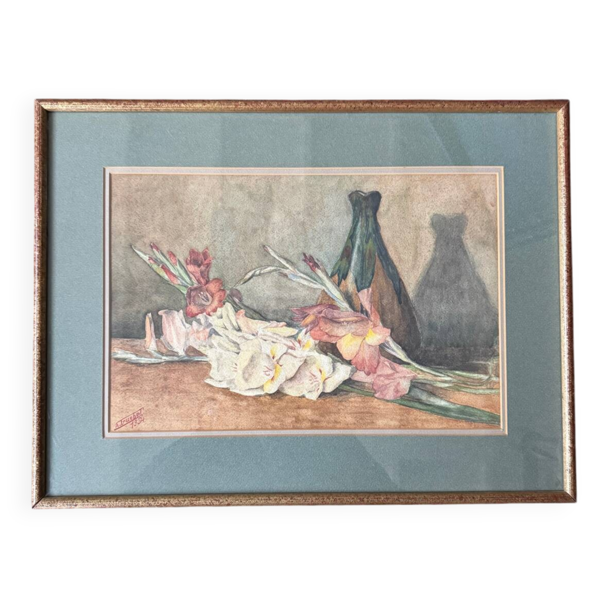 Aquarelle nature morte florale ancienne