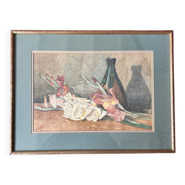 Aquarelle nature morte florale ancienne