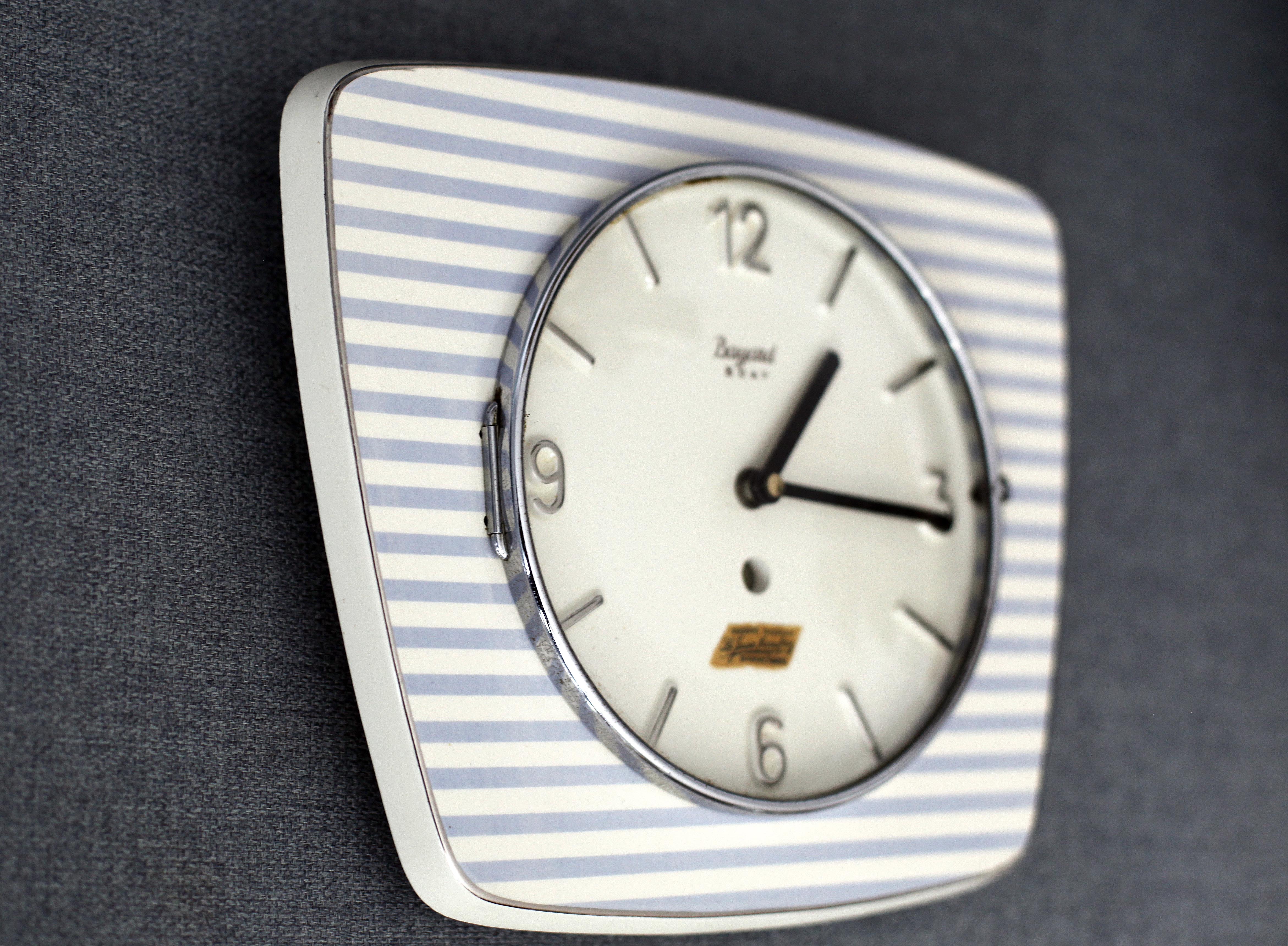 Vintage ceramic clock silent wall clock "Bayard white blue silver"