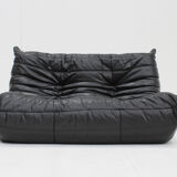 Vintage Togo Ligne Roset 2 seater sofa black leather by Michel Ducaroy 1990s