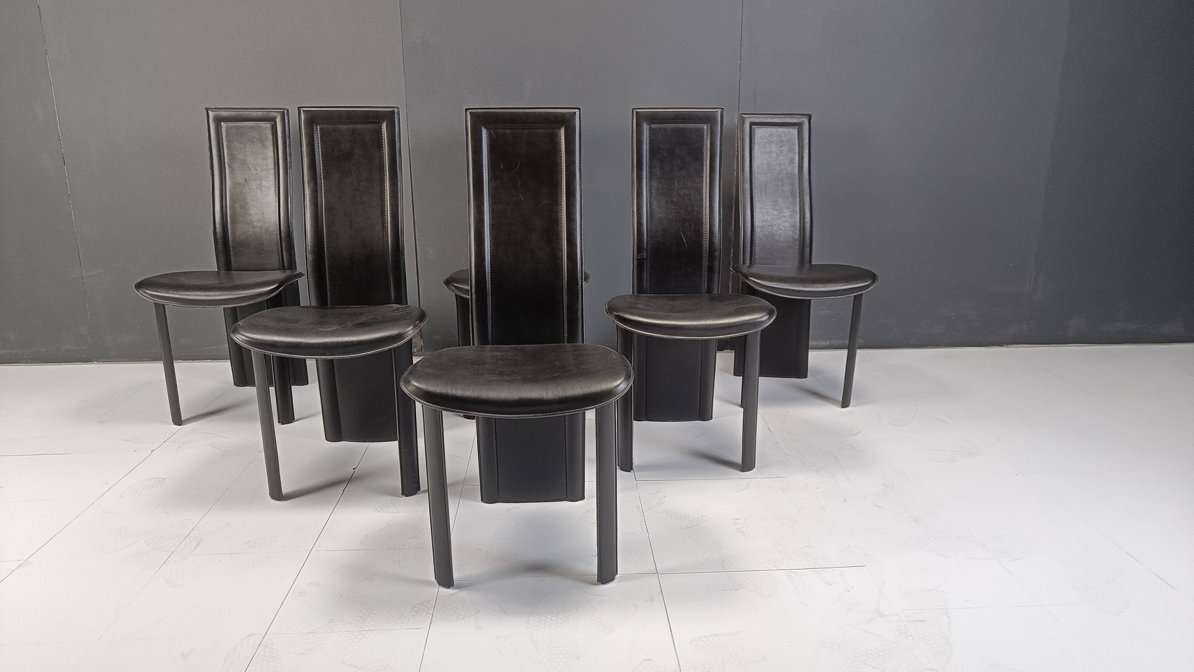 Vintage black leather high back dining chairs, set of 6, 1980s