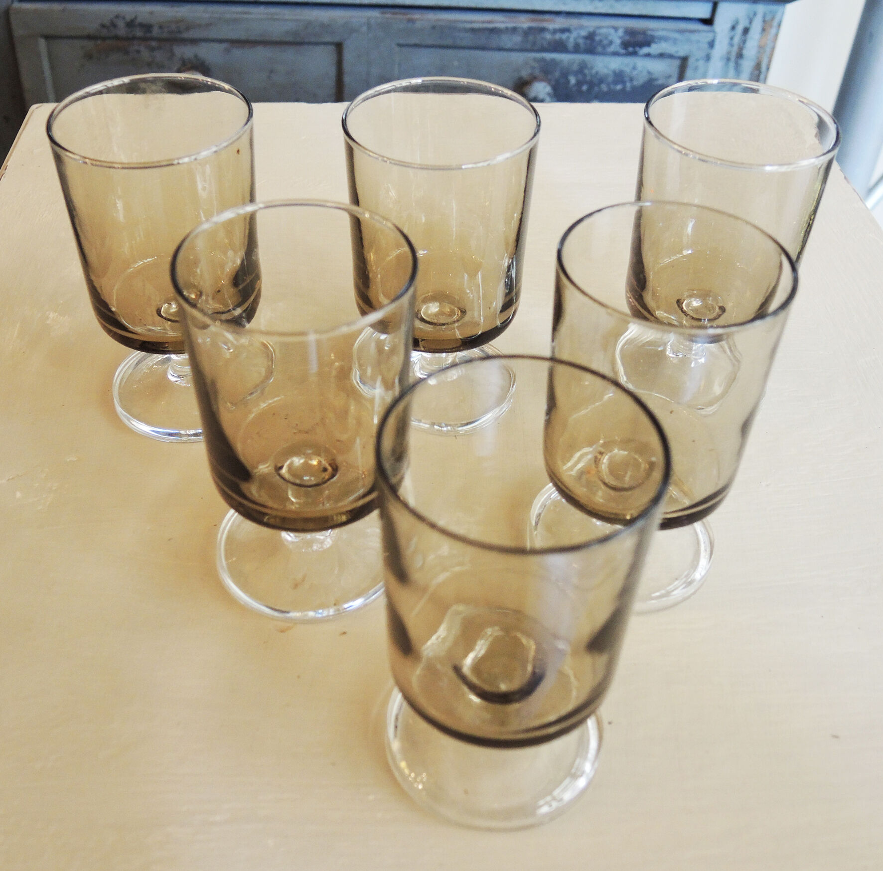 6 Old Luminarc Smoked Foot Glasses H11.5 cm