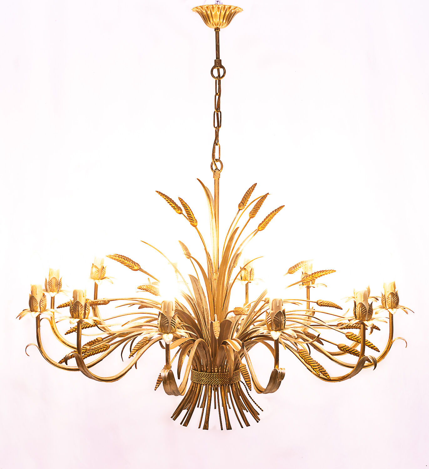 Pair of 12-burner wheat sheaf chandeliers by Hans Kogl