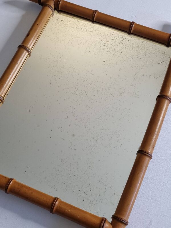 Miroir ancien en bois tourné façon bambou, fin XIXe siècle, 69 x 53 cm