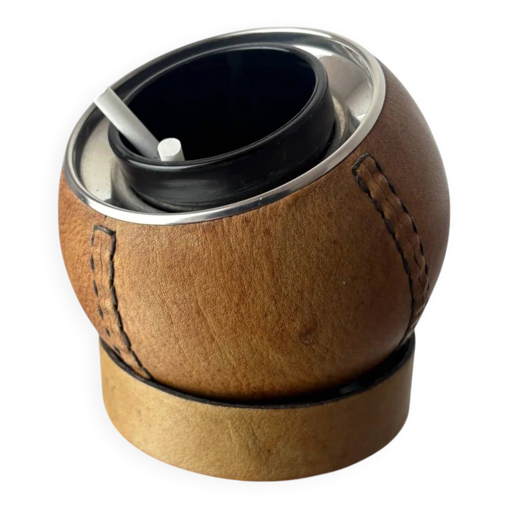 Circular cigarette box with leather support, Spain, 1980s
