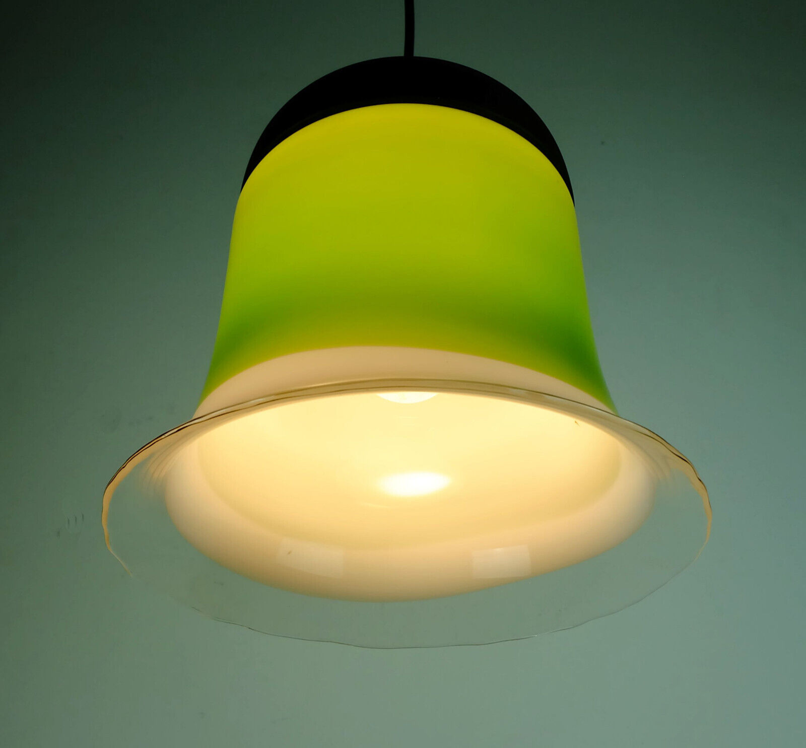 mid century PENDANT LIGHT peill & putzler 1970s green white and clear glass shade model AH 191