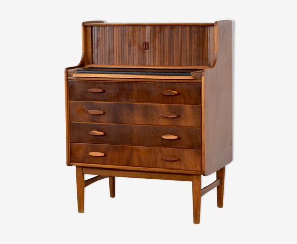 Midcentury teak and walnut desk bureau with tambour doors by welters of wycombe