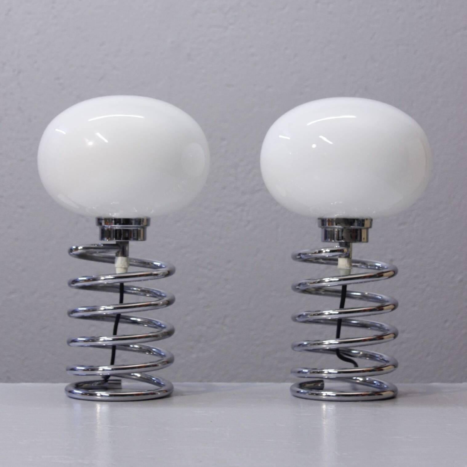 Pair of vintage chrome & opaline spring lamps 1970s