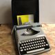 Old writing machine polyjo super 75 bakelite grey + vintage black trunk