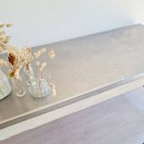 Antique work table in patinated white wood and zinc top - workbench