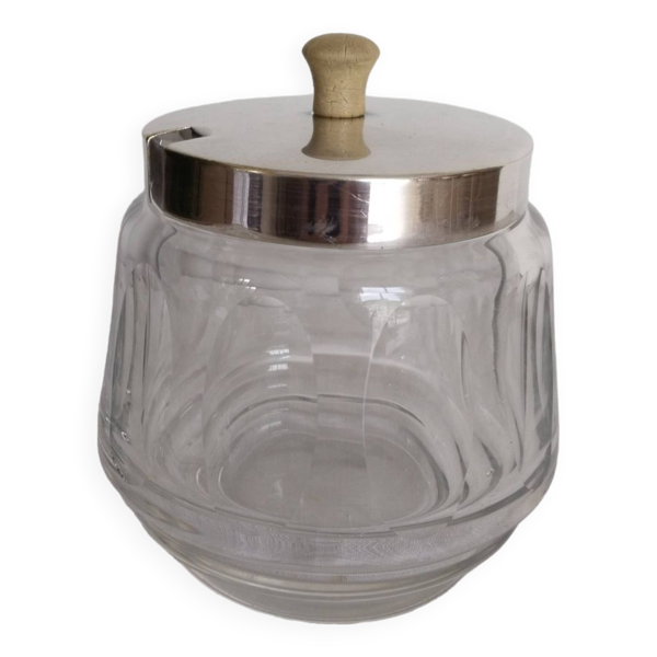 Pot à confitures, confiturier, sucrier, en cristal et métal argenté