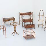 Set of 9 planters and small tables in faux bamboo with glass top, France, 1970s