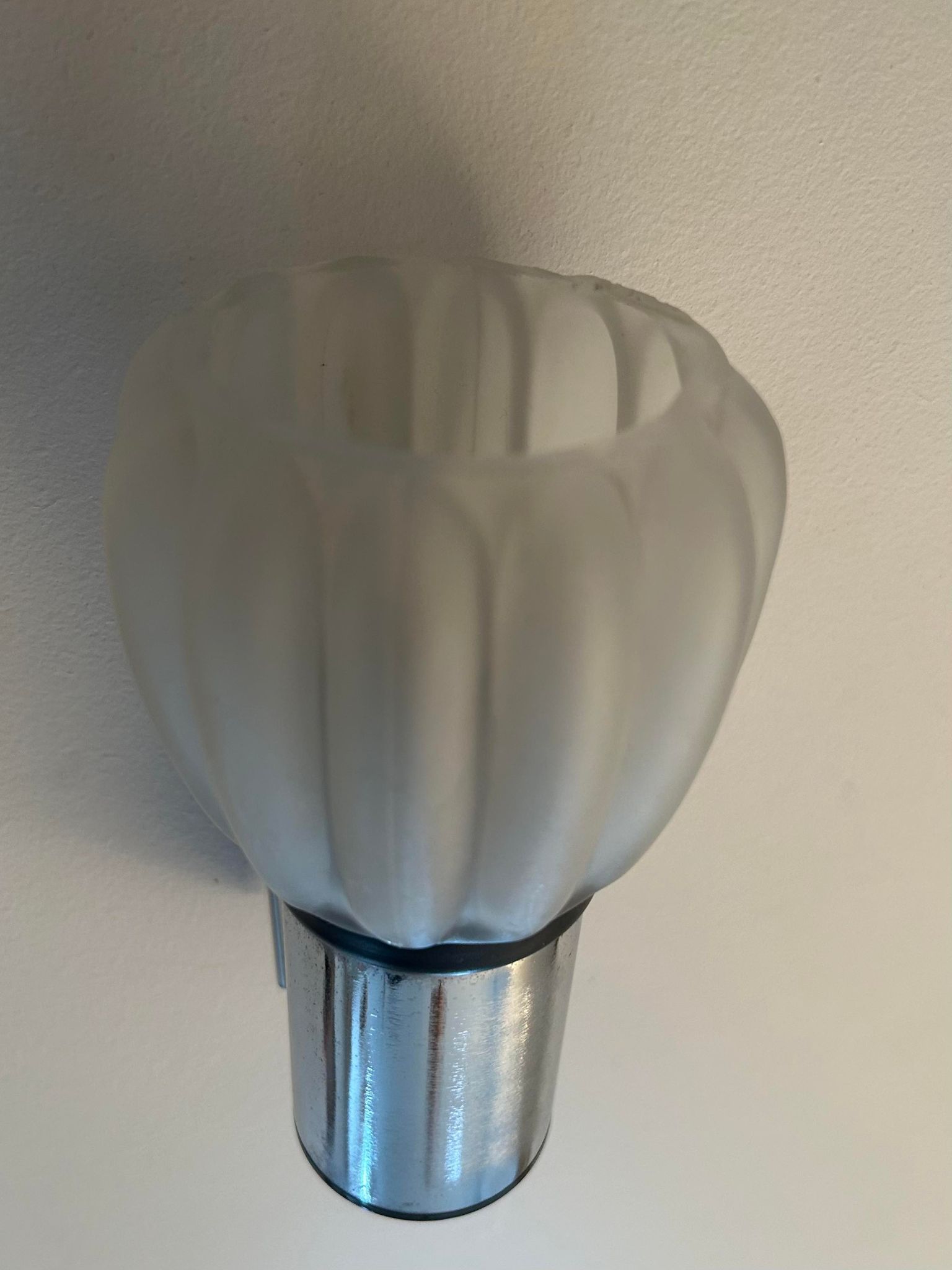 Pair of vintage wall lamps, sandblasted glass and chromed metal, France 1970