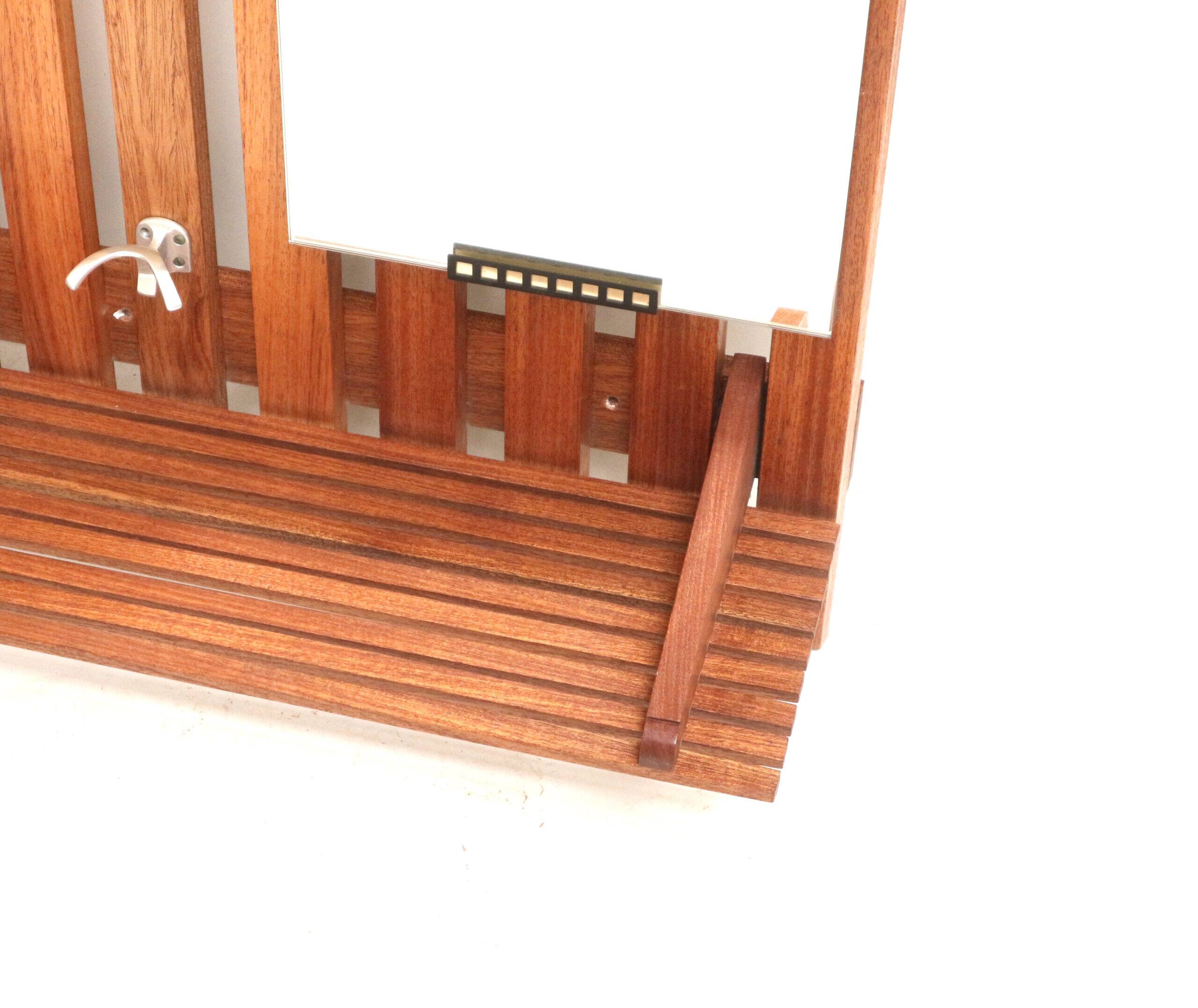 Large vintage coat rack with mirror and rack made of teak wood