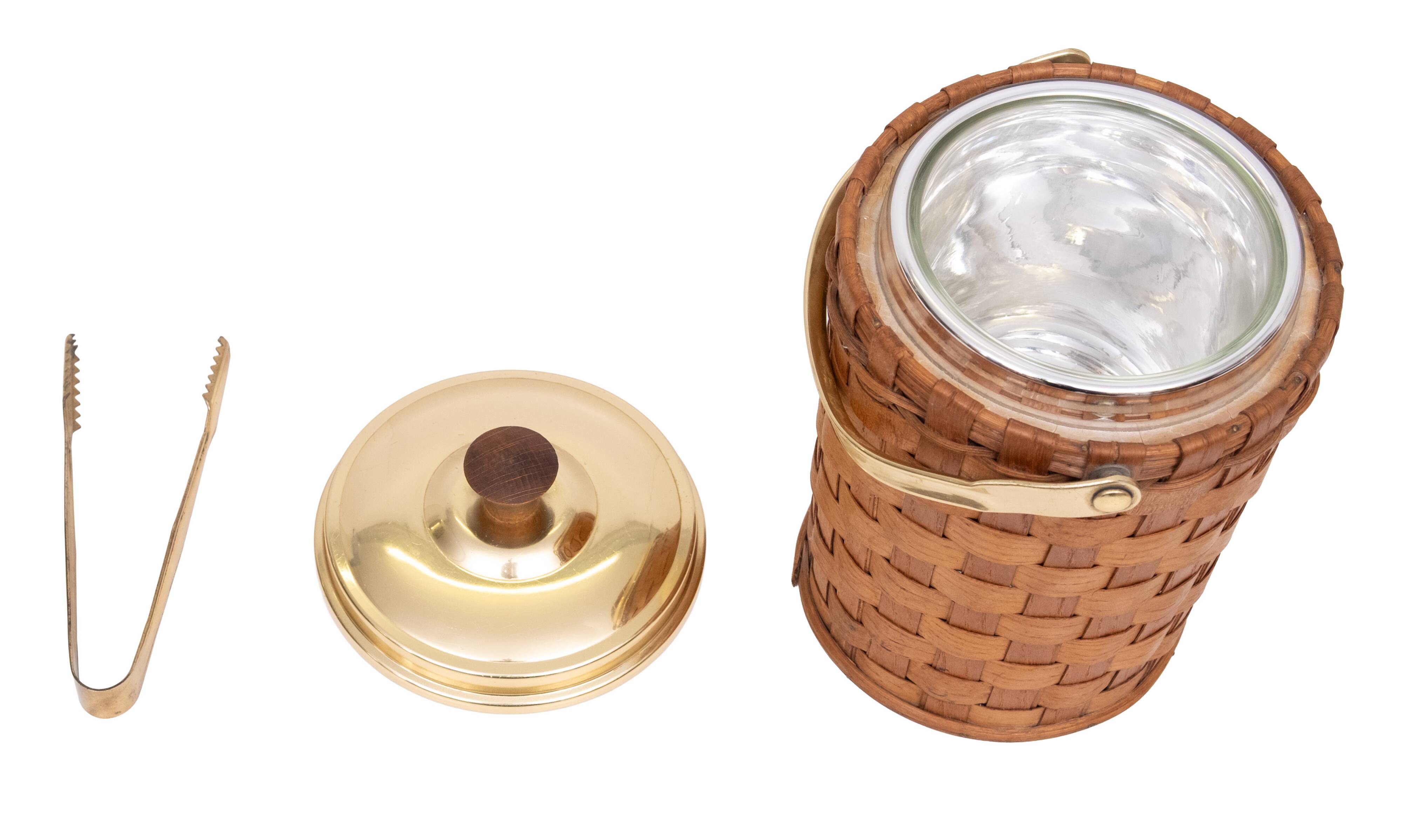 Wicker Ice bucket Brass lid and ice tongs 1960s
