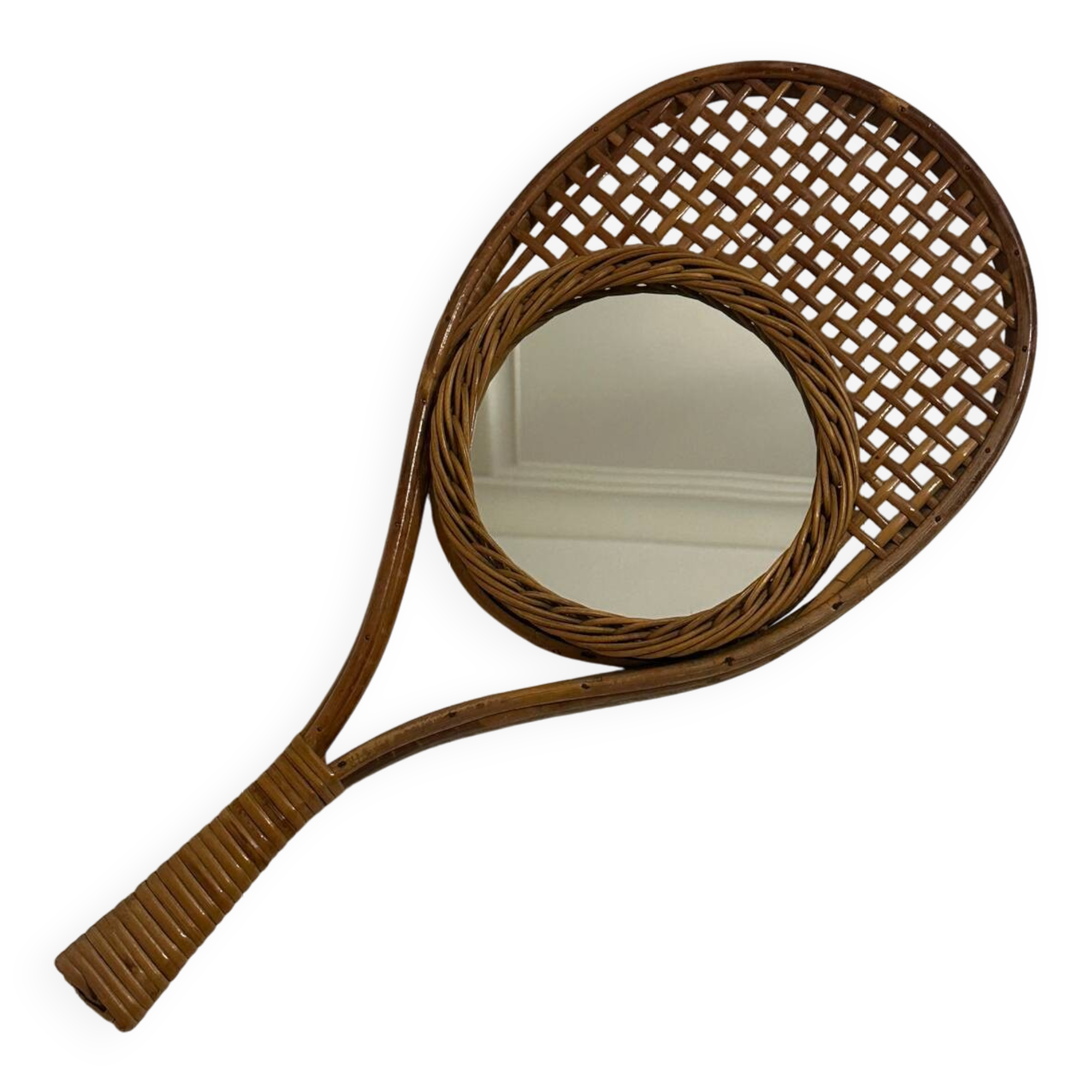 Vintage rattan tennis racket mirror