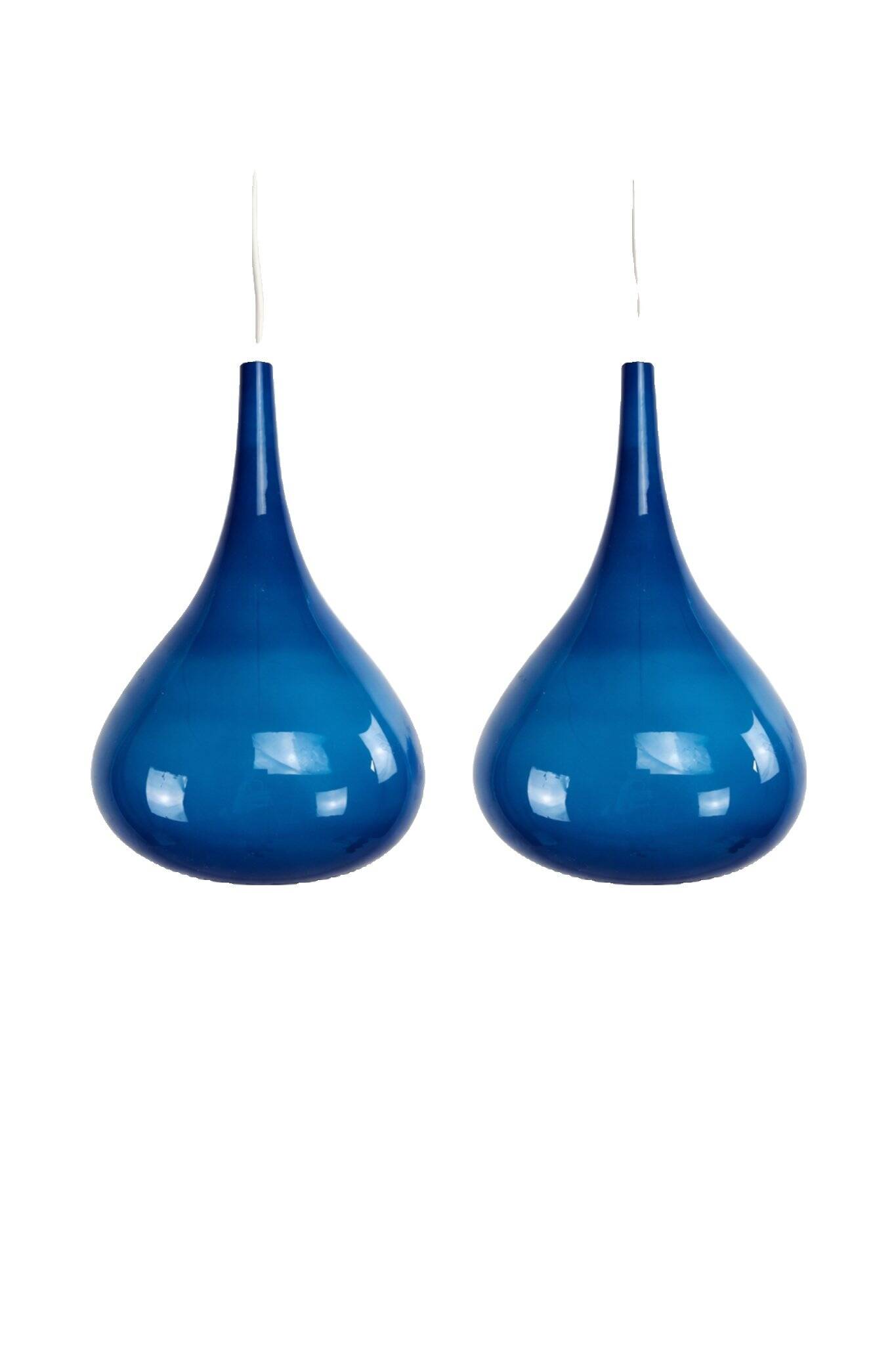 Set of blue glass Danish pendant lamps