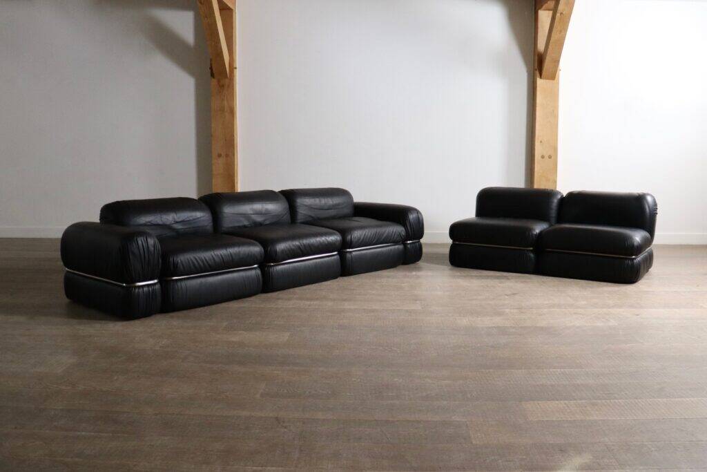 Modular sofa in black leather by Rodolfo Bonetto for Tecnosalotto, 1960s