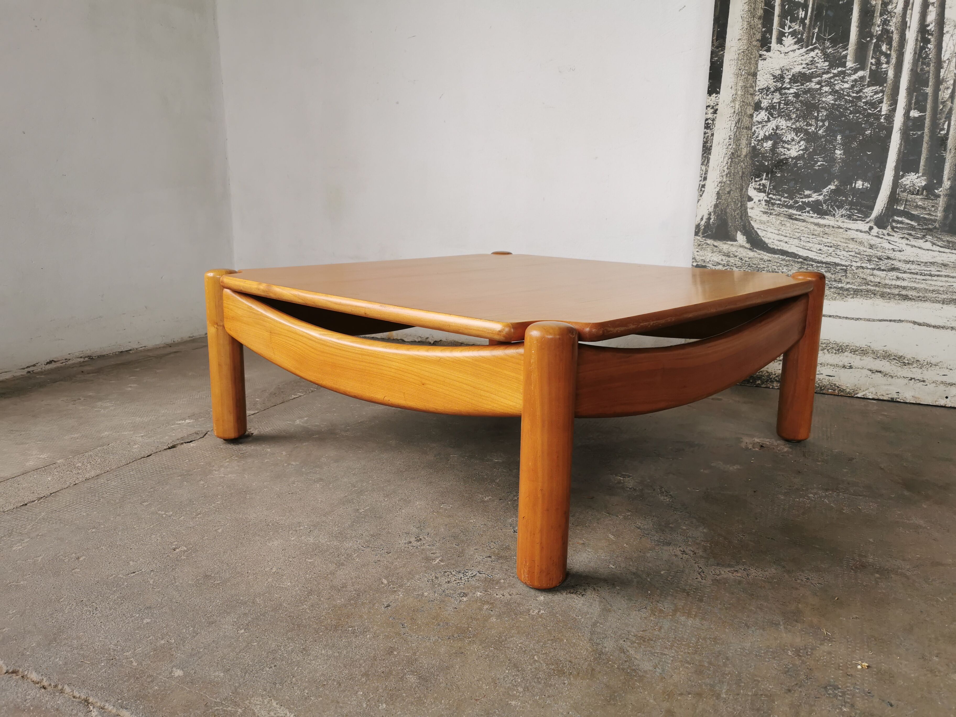 Square coffee table in solid blond wood 80s