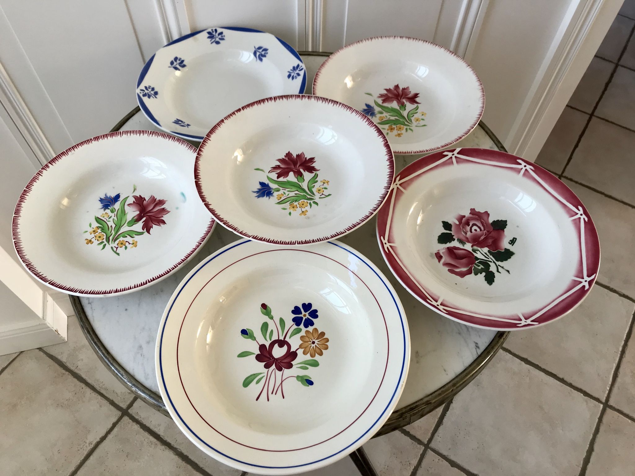 Set of 6 mismatched hollow plates Digoin Sarreguemines and Lunéville 40s