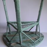 Triangular wooden and braided wicker coffee table