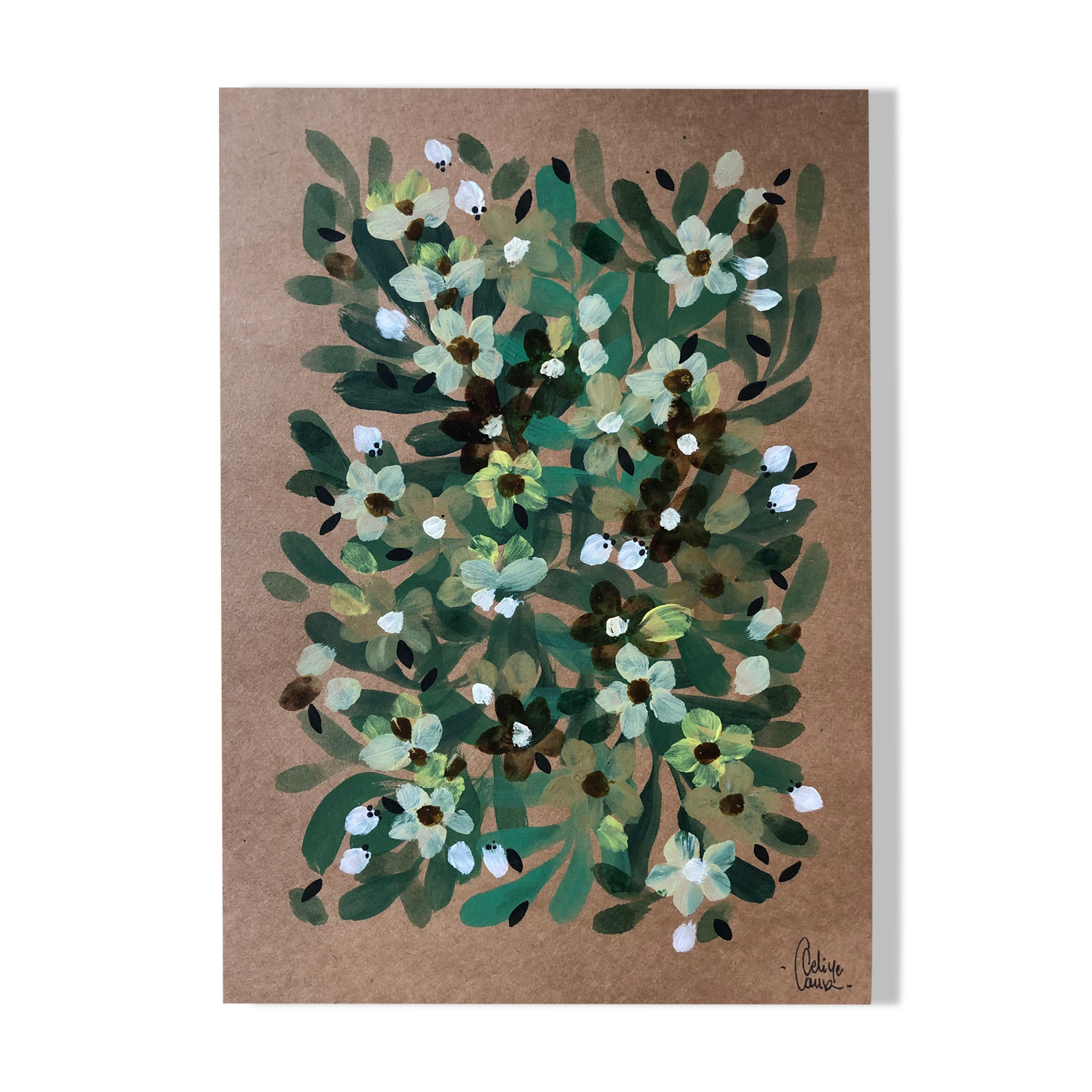 Painting a4 on paper flowers buds and green leaves by céline caux