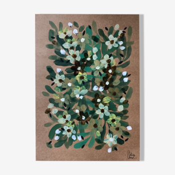 Painting a4 on paper flowers buds and green leaves by céline caux