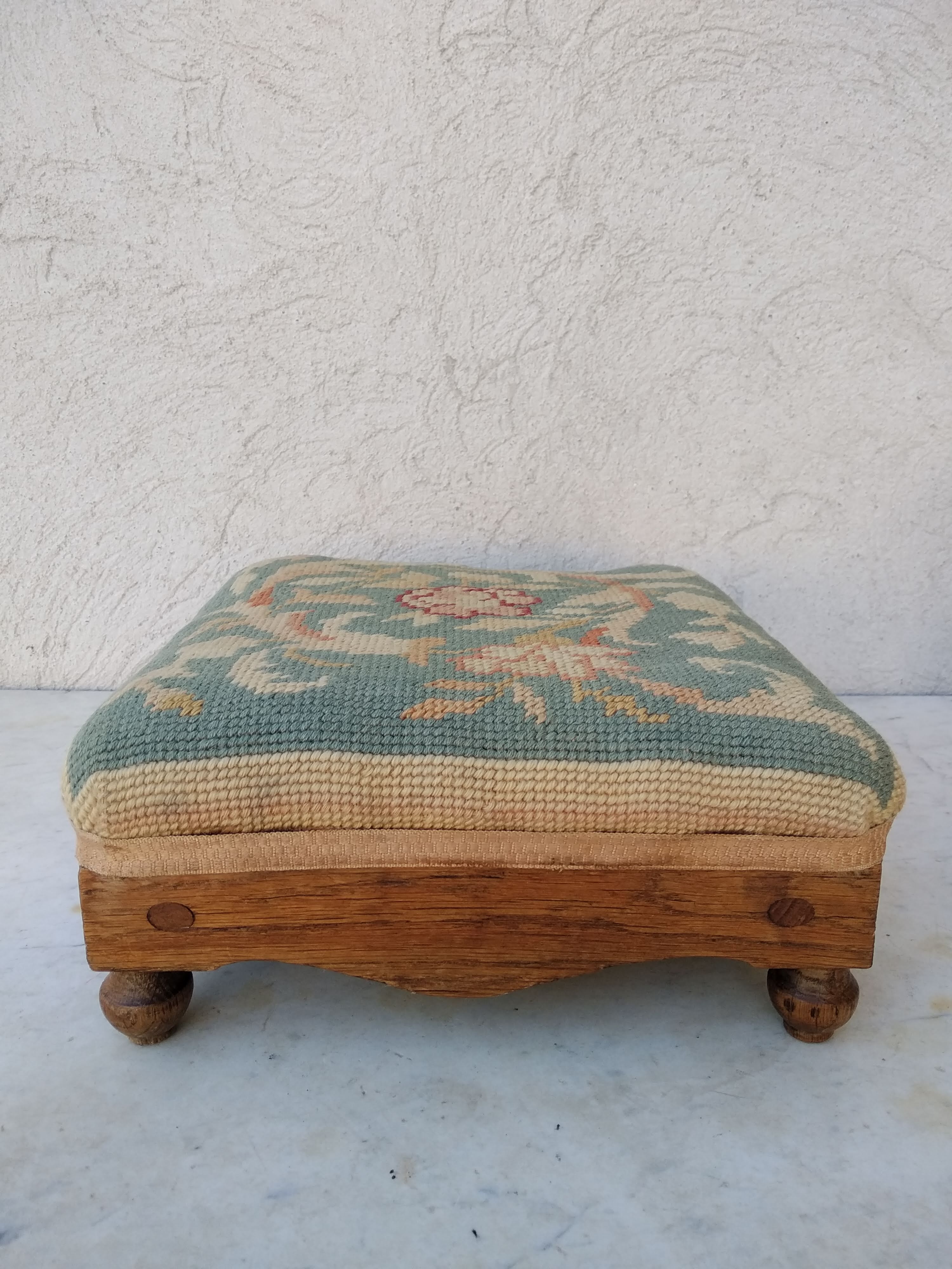 Small antique footrest stool lined canvas