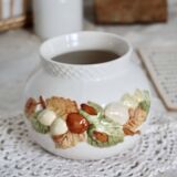 Vintage autumnal earthenware barbotine cachepot with hazelnut patterns
