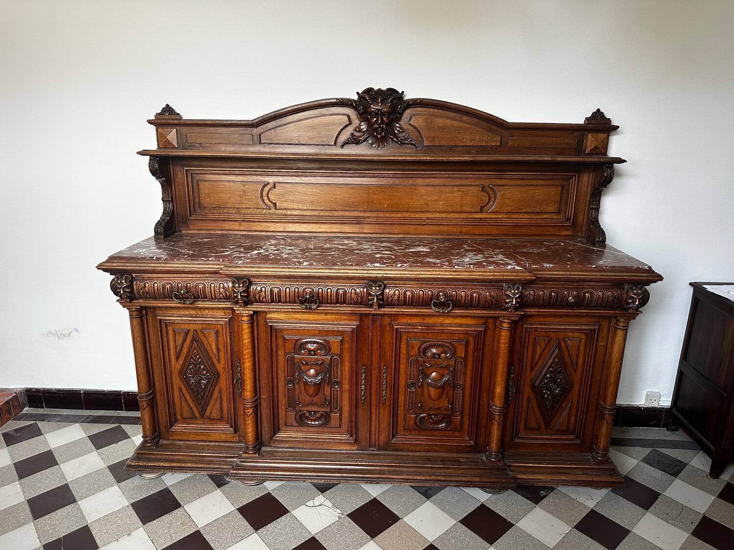 Two-part Renaissance-style buffet - Solid oak & marble, late 19th century