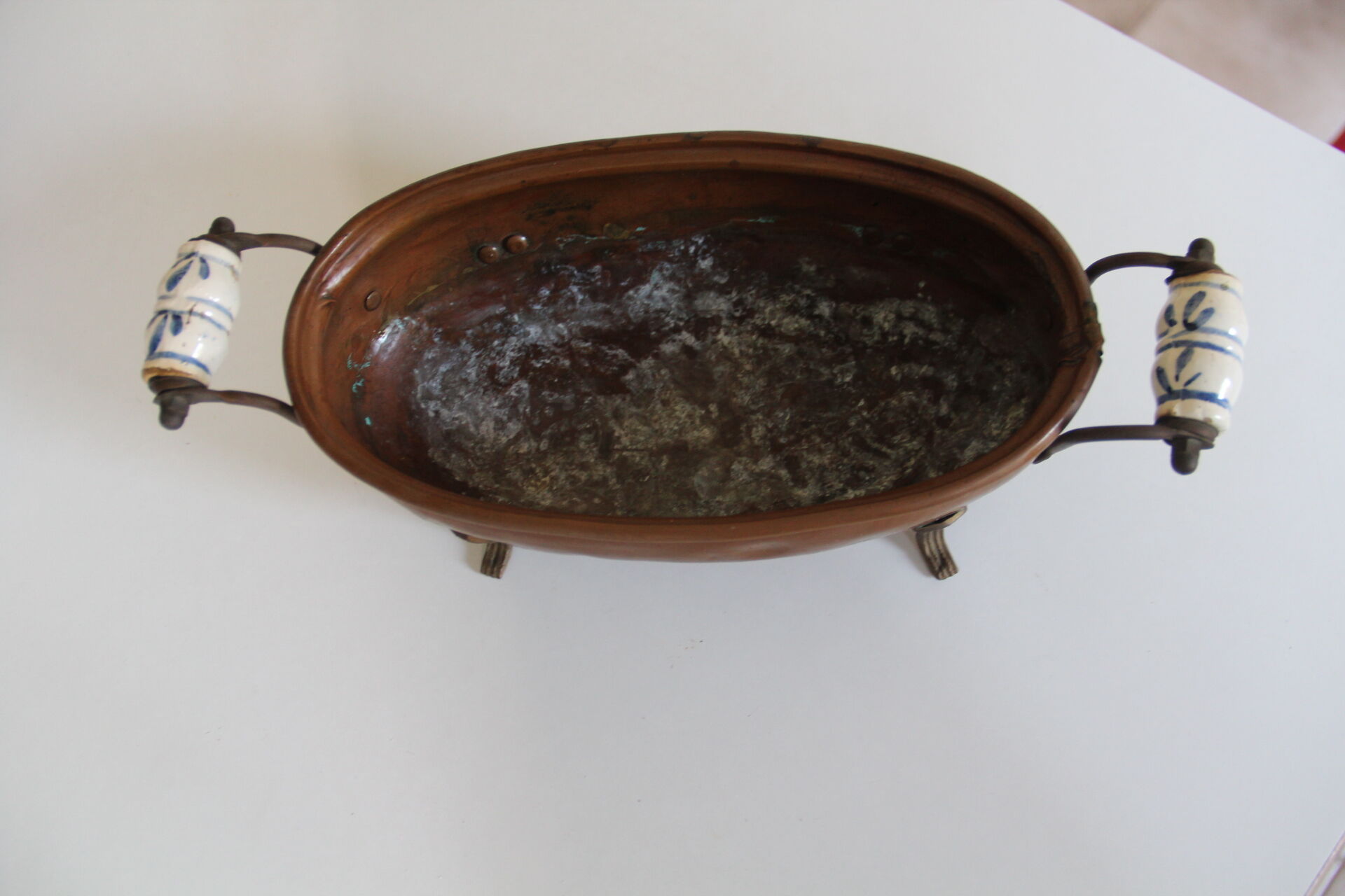 Copper planter, brass and ceramic handles