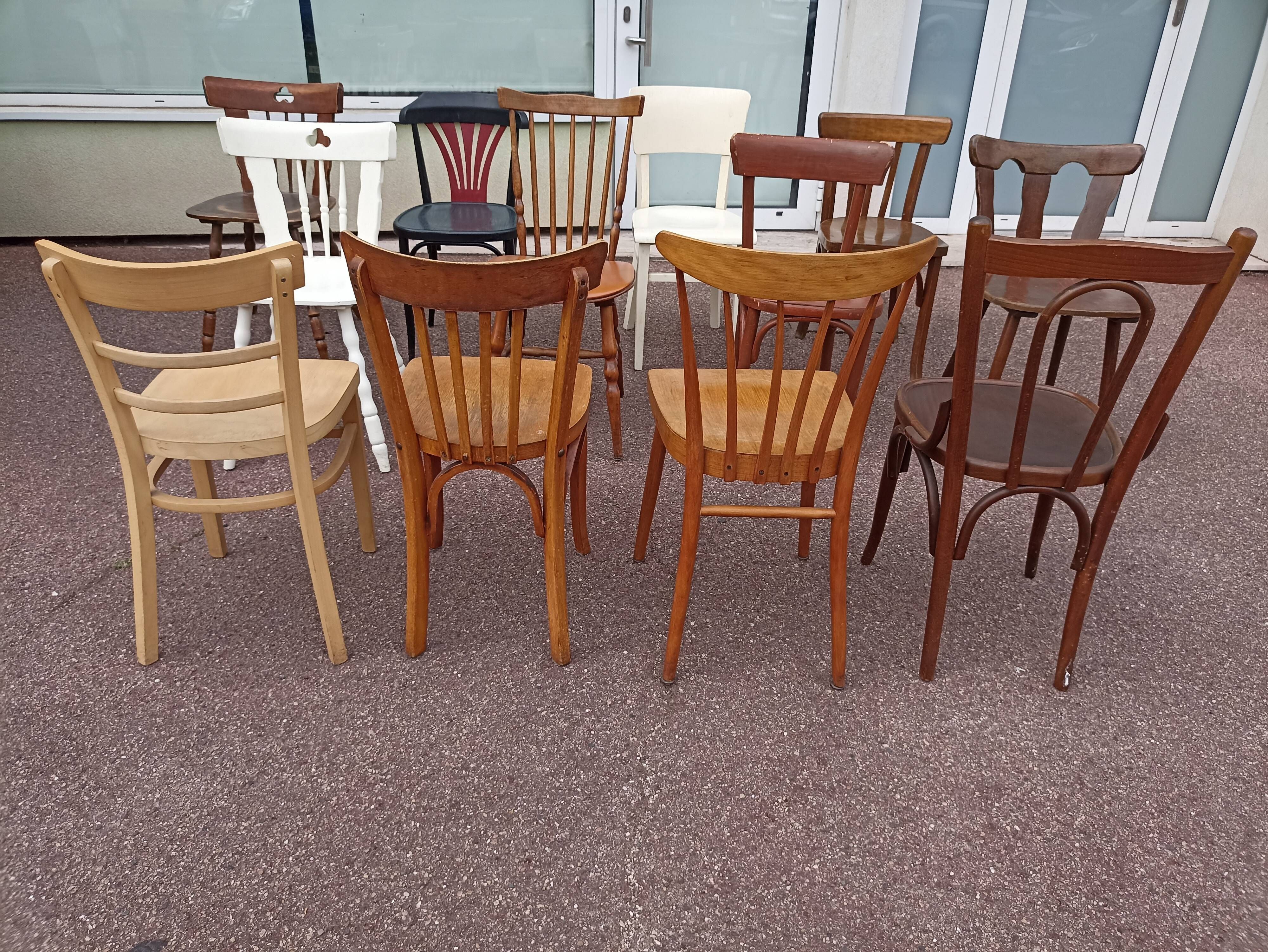 Set of 12 mismatched wooden bistro chairs - vintage