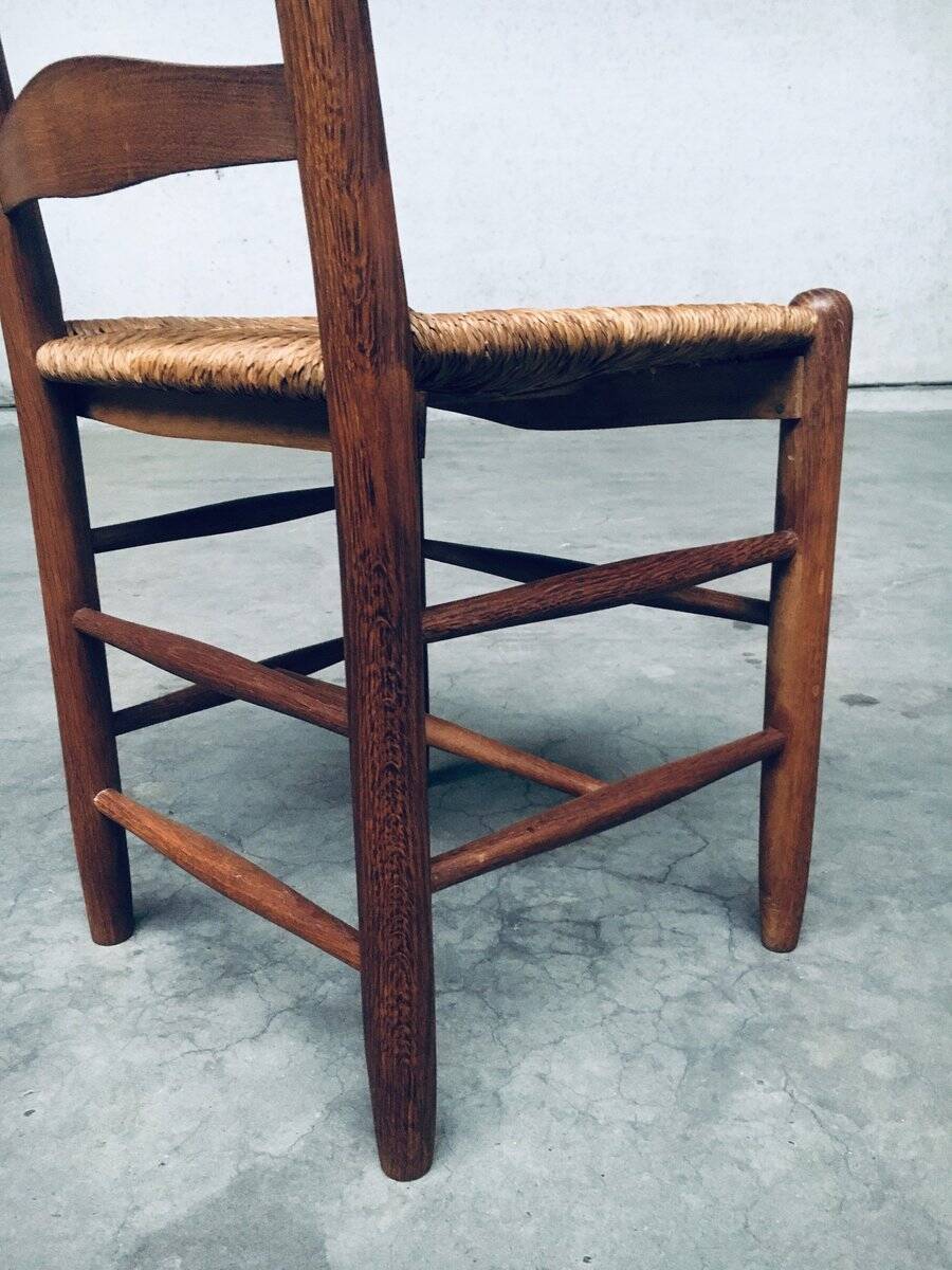 Rustic Handcrafted Oak and Rush High Back Dining Chairs, Belgium, 1940s, Set of 4