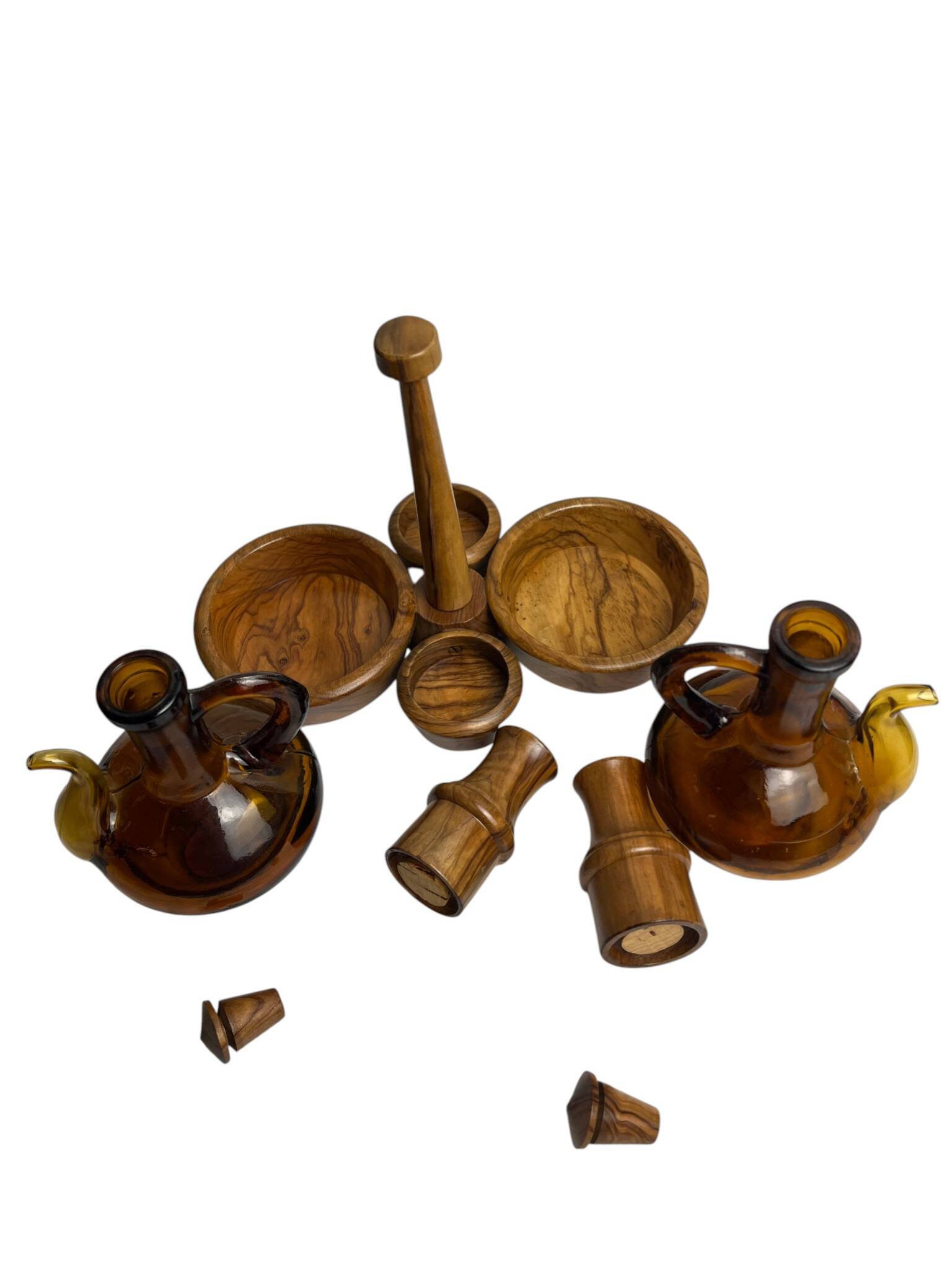 Vintage oil and vinegar server, Biot, olive wood, 20th century.