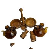 Vintage oil and vinegar server, Biot, olive wood, 20th century.