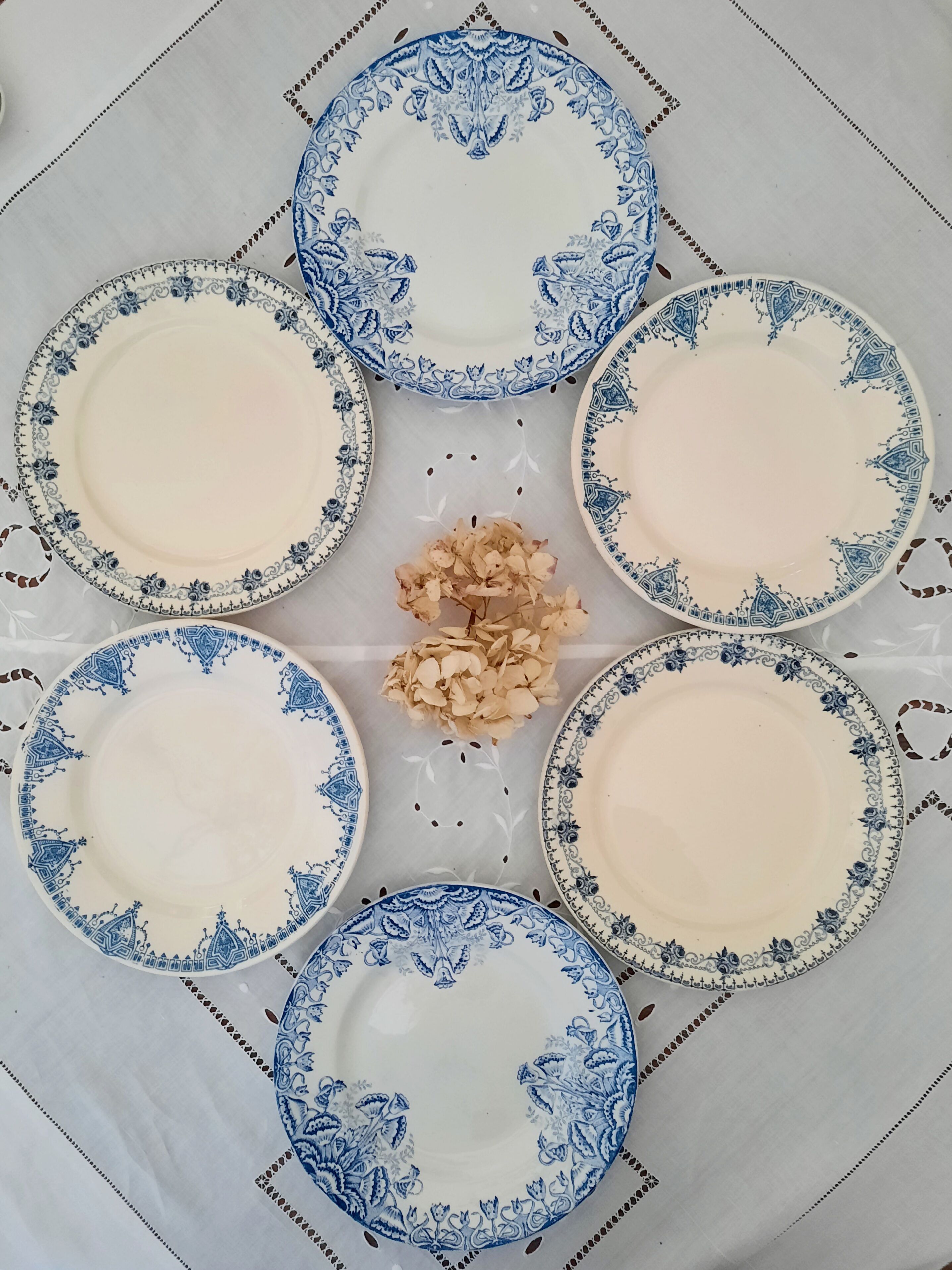 6 old flat plates mismatched iron earth