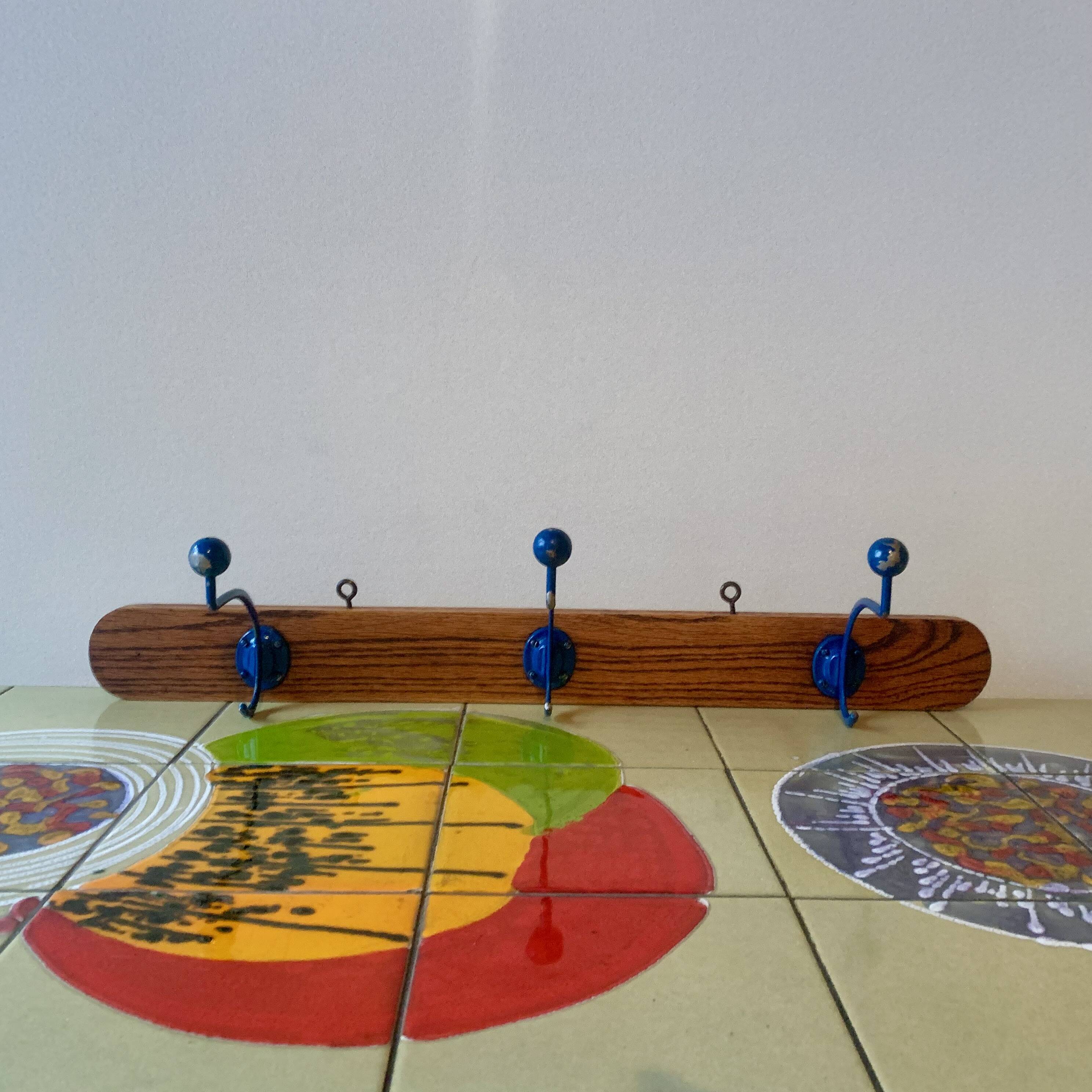 Vintage wooden wall coat rack - triple coat hook with blue metal balls