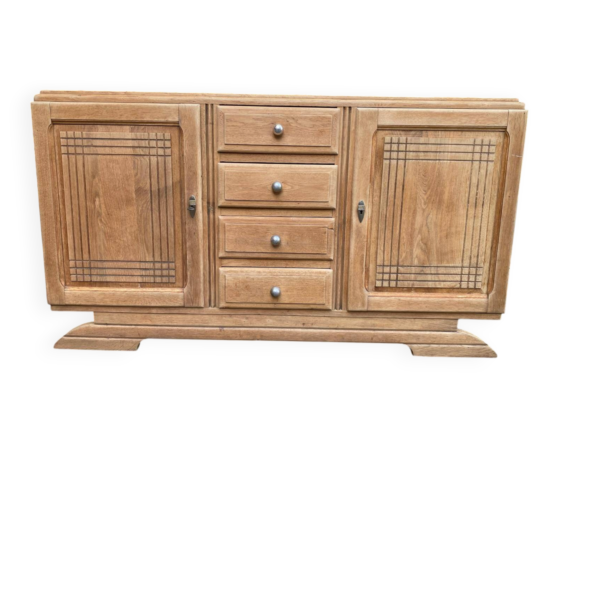 Enfilade Art Deco buffet by Charles Dudouyt, stripped in solid oak, 1930.