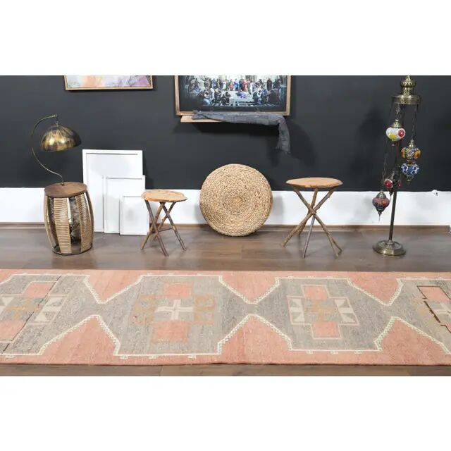 1970s Turkish Oushak Handmade Wool Cotton Orange Runner Rug 102x381
