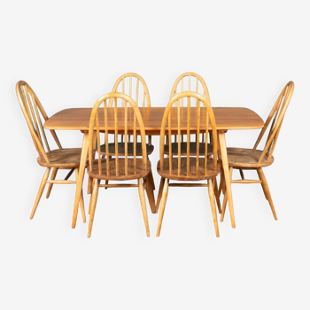 Table à manger rétro Ercol Planktop et six chaises Windsor