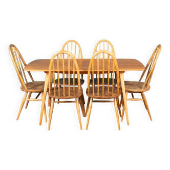Table à manger rétro Ercol Planktop et six chaises Windsor