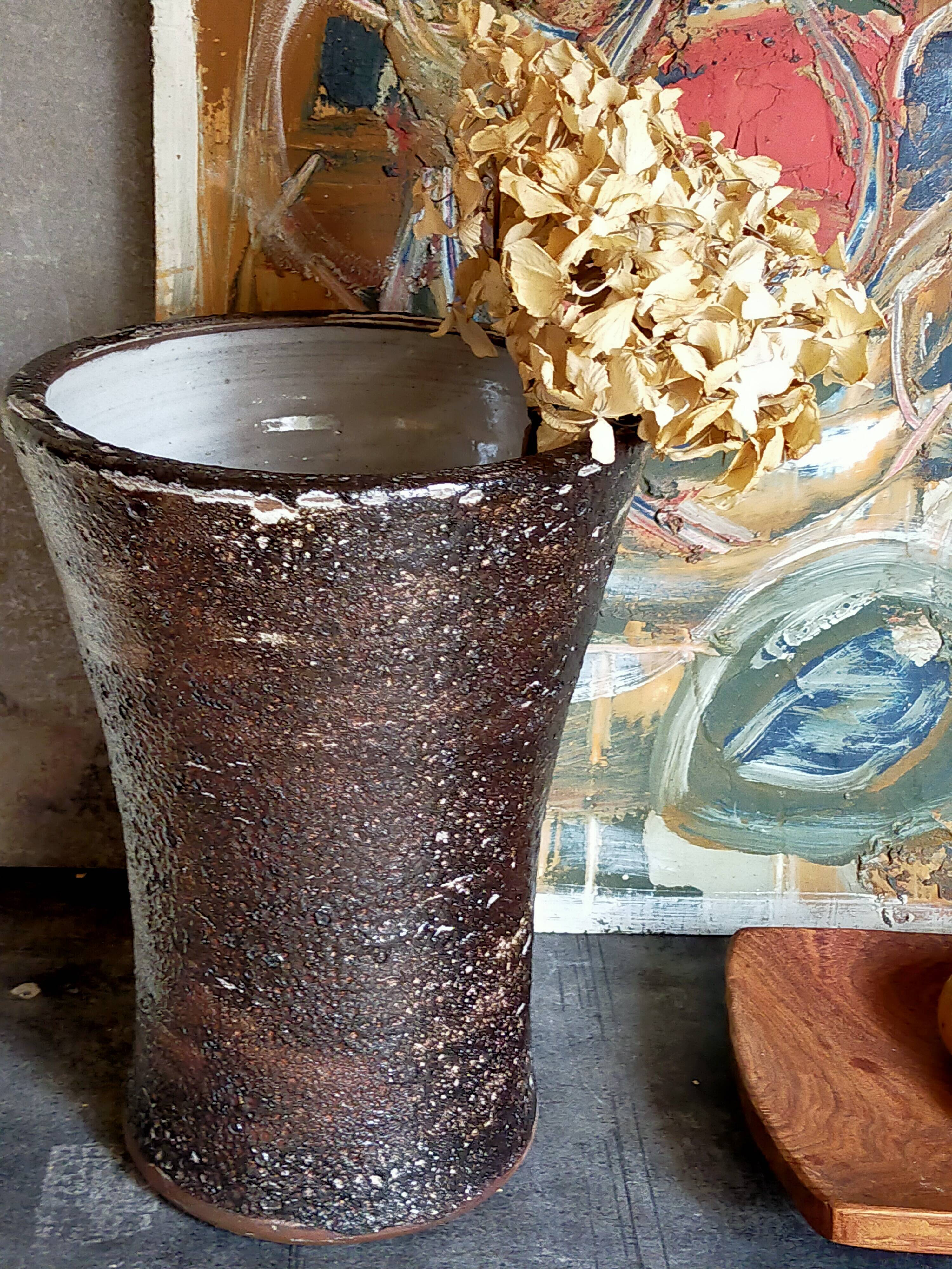 Vase "Diabolo"de potier grès noir émaillé fat-lava vintage